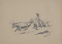 Edward Borein Pencil Drawing Cowboy Chasing Steer