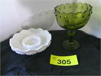 Fenton Milk Glass Bowl / Green Pedestal Dish