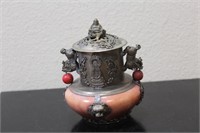 A Chinese Stone and Metal Container