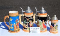 4 German Beer Steins 3 Lidded