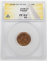 1938 PROOF LINCOLN CENT - ANACS PR62 RB
