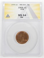 1909 VDB LINCOLN CENT - ANACS MS64 RB