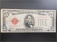 1928 $5 red certificate bank note Bill