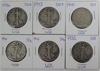 Lot of 6 Walking Liberty Half Dollars