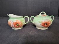 Porcelain Green/Floral Creamer & Sugar Bowl