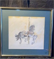 Framed Lembrecht Watercolor Carousel Painting