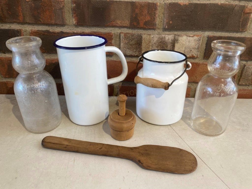 Antique Jars, Enamelware Pale & Cup etc