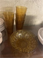 6 Vintage Amber Glasses And Bowl