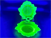 2 Opalescent vaseline/uranium glass leaf dish