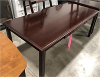 (L) Large Red Wood Table With Drawers. 71” x 35”