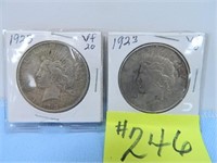 (2) 1923 Peace Silver Dollars, Vf-20