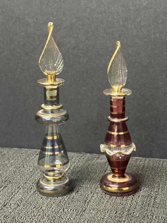 (2) Art Deco Art Glass Perfume bottles, Egyptian