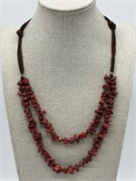 Sterling Natural Red Coral & Leather Necklace