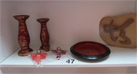Oriental Lot w/ Candle Holders, Dolls & Lg Bowl