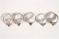 Group, 5 Sterling Silver & Blue Topaz Rings