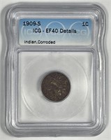 1909-S Indian Head Cent Extra Fine ICG XF40 det