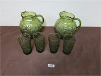 Grean glass pitchers and cups