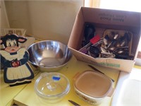 Cooking dishes, flatware, misc.