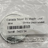 2014 UNCIRCULATED CANADA SILVER $5 MAPLE LEAF 1