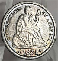 1874-P U.S. Seated Liberty Silver Dime XF