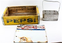 Vintage Pepsi Cola Crate, Carrier, & Sign
