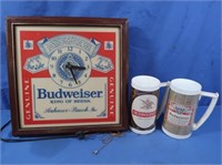 Budweiser Clock & 2 Mugs