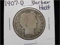 1907 D BARBER HALF DOLLAR 90%