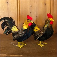 (2) Real Feather Chicken / Rooster Sculptures
