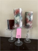 3 Glass Pedestal Candle Stands wl Candles