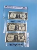 Lot of 3 silver certificates: 1957 graded 67, 2 19
