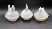 3 Indiana Milk Glass Lidded Hen Candy Dishes All