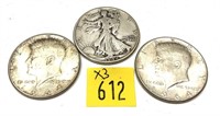 x3- Half dollars, 90% silver, -x3 half dollars,