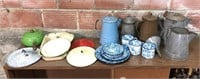 Lot of Vintage Enamelware Tea Kettle Cups Lids