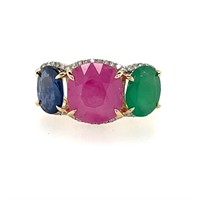10ct y/g ruby, sapphire, emerald & dia ring