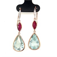 14ct r/g aquamarine, ruby & dia earrings