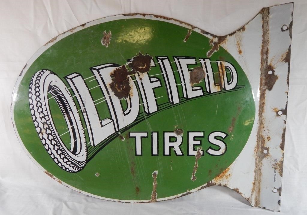 1920's-30's Oldfield Porcelain Tires Sign Flanged