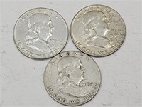 1954S & 2- 1954D Franklin Silver Half Dollar Coins