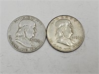 2- 1954S Franklin Silver Half Dollar Coins