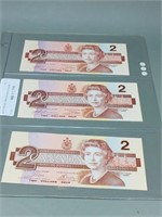 set of 3 $2 bills 1986 bird series (Canada)
