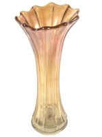 Amber Carnival Glass Ribbed Vase, 9"H