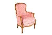 PINK UPHOLSTED FRENCH CARVED WOOD ARMCHAIR