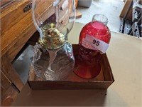 Cranberry Glass Globe & Oil Lamp