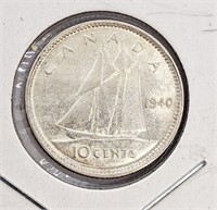 1940 Canada Silver 10-Cent Coin