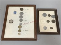 Framed Francs and Peseta Coins