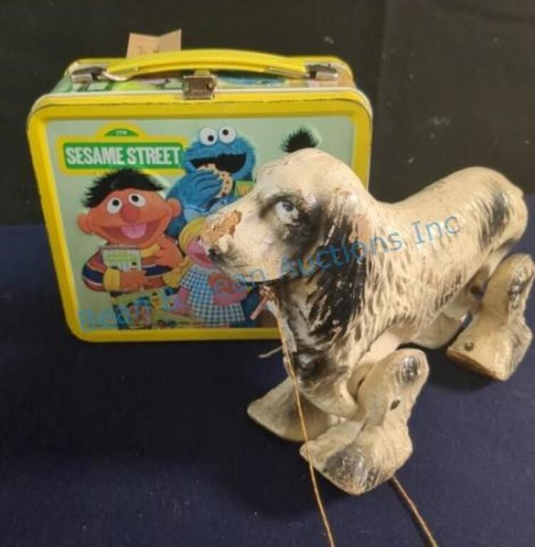 Antique pull toy and sesame Street lunch box w