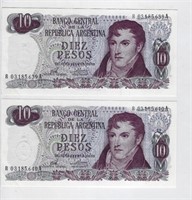 ARGENTINA 10 PESOS REPLACEMENT aUNC x2 Consec..RA1