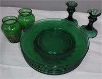 12 Pieces 1960's GREEN Glass Candle Sticks +More