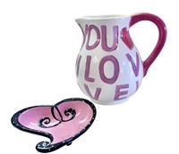 Sweet Pink Decorated Heart Dish & Pitcher