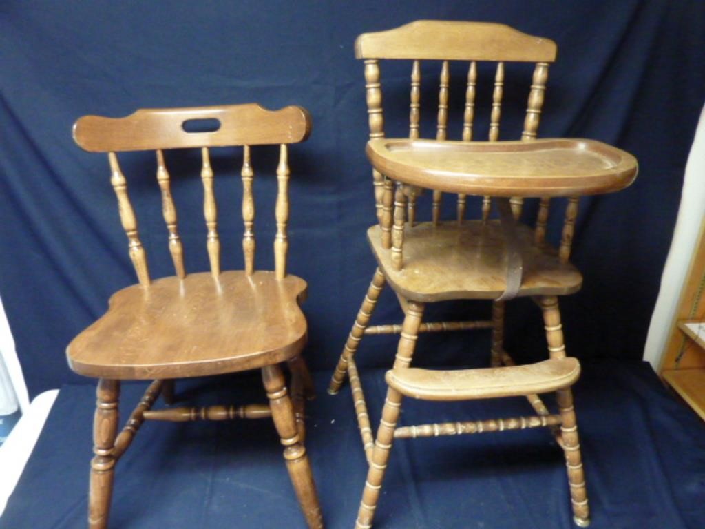 VINTAGE WOOD HIGH CHAIR AND SIDE CHAIR