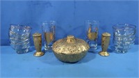 Gold Decorated Candy Dish w/Lid, S&P Shakers &